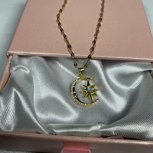 Gold Tone Cz Diamond Crescent Moon Pendant with Center Moonstone Style Accent - Picture 7 of 10